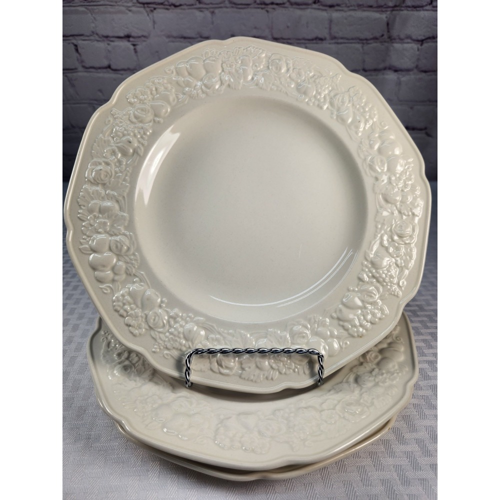 Vintage Crown Ducal Florentine Cream Dinner Plates Embossed Fruit Floral Set 3